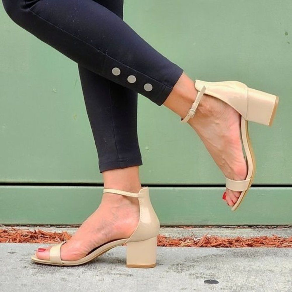 Women Ankle Straps Low Chunky Heels Sandals Beige Color - Picture 2 of 6